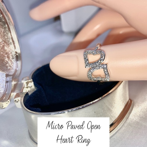 Micro Paved Double Open Heart 925 Silver Band Ring - Picture 2 of 6